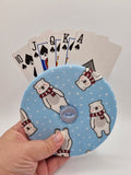 Blue with Fun Christmas Snow Bear Print Handmade Helping Hand Playing Card Holder