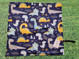 Navy Blue with Fun Dinosaur Print Handmade Waterproof Base Sit Mat - Great for Picnics