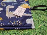 Navy Blue with Fun Dinosaur Print Handmade Waterproof Base Sit Mat - Great for Picnics