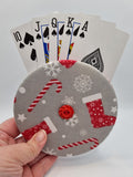 Grey with Red Christmas Stocking Print Handmade Helping Hand Playing Card Holder