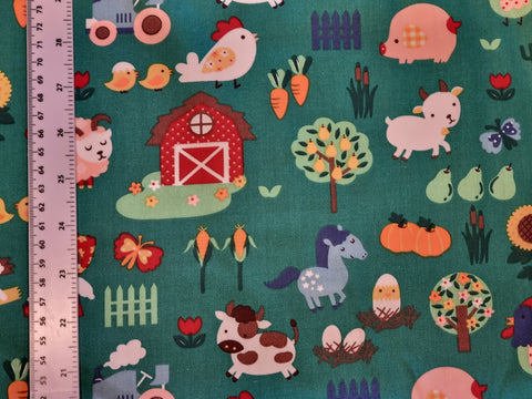Teal Blue Farmyard Animal Theme Print 100% Cotton Fabric - per metre