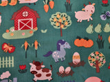 Teal Blue Farmyard Animal Theme Print 100% Cotton Fabric - per metre