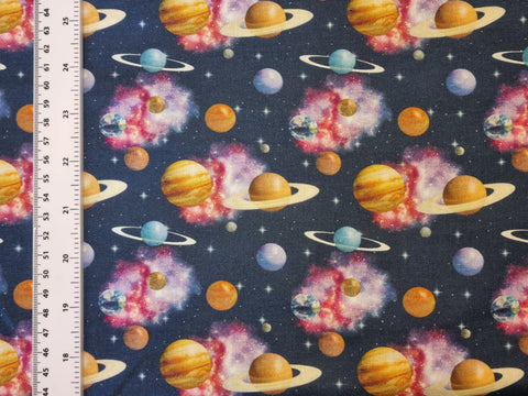2.6m Remnant - Navy Blue Planets Space Galaxy Theme Print 100% Cotton Fabric