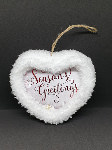 Handmade 'Season's Greetings & Tree with Fluffy Edge Heart Shape Hanging Christmas Tree Decoration / Bauble