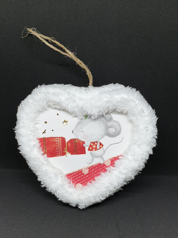 Handmade Cat & Mouse Pulling Cracker with Fluffy Edge Heart Shape Hanging Christmas Tree Decoration / Bauble