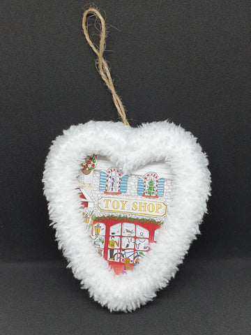 Handmade Toy Shop & Patisserie with Fluffy Edge Heart Shape Hanging Christmas Tree Decoration / Bauble