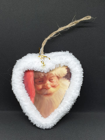 Handmade Santa & Plaid Bow with Fluffy Edge Heart Shape Hanging Christmas Tree Decoration / Bauble