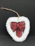 Handmade Santa & Plaid Bow with Fluffy Edge Heart Shape Hanging Christmas Tree Decoration / Bauble