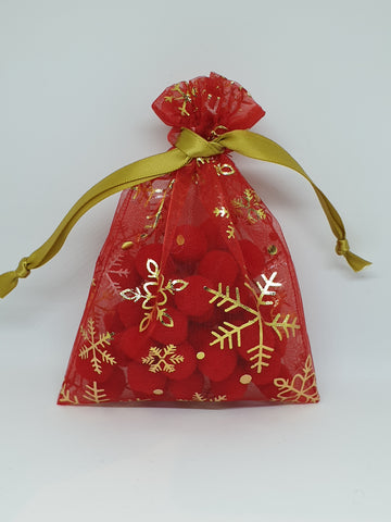 Handmade Christmas Red with Snowflakes Organza Favour Bag