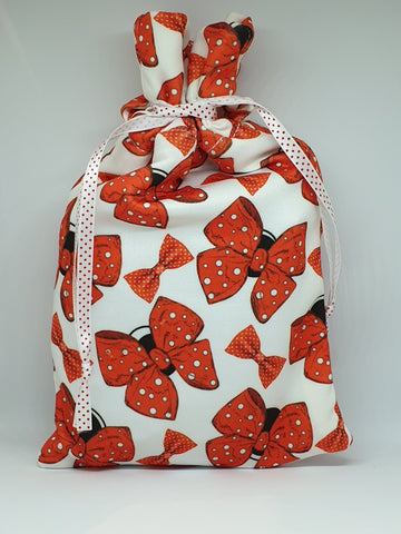 Small Handmade White with Red Bow Fabric Drawstring Gift Bag / Pouch