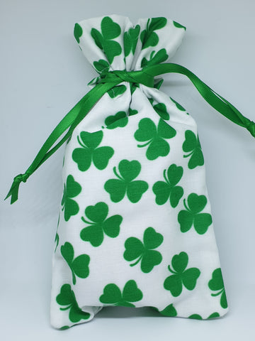 Small Handmade White with Green Shamrock Fabric Drawstring Gift Bag / Pouch