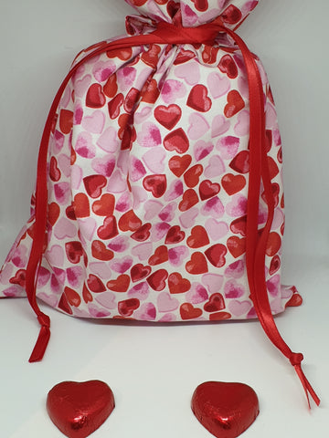 Small Handmade Lined White with Pink & Red Hearts Fabric Drawstring Gift Bag / Pouch