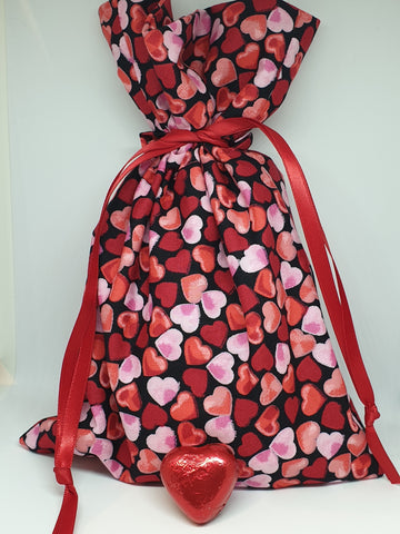 Small Handmade Lined Black with Pink & Red Hearts Fabric Drawstring Gift Bag / Pouch