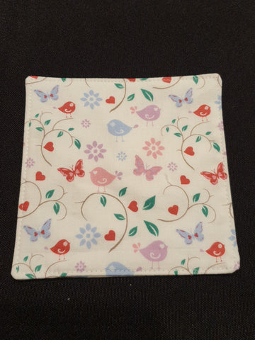 Handmade Fabric Coaster - White with Pastel Bird / Butterfly / Flower Print