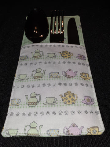 Handmade Pastel Green with Teapot Fabric Cutlery Holder / Pouch Tableware