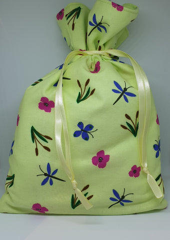 Small Handmade Lined Light Green with Butterfly / Flower Print Fabric Drawstring Gift Bag / Pouch