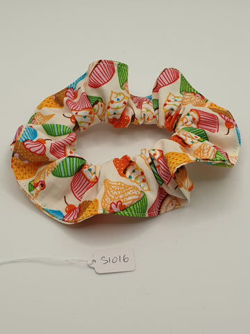 S1016 - Off White with Multicoloured Cupcake Print Handmade Fabric Hair Scrunchies