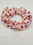 S1034 - White with Pink & Orange Flower Print Handmade Fabric Hair Scrunchies