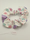 S1039 - White with Multicoloured Flower & Bird Print Handmade Fabric Hair Scrunchies