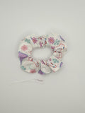 S1039 - White with Multicoloured Flower & Bird Print Handmade Fabric Hair Scrunchies