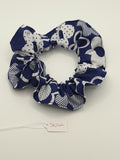 S1044 - Navy Blue with White Flower Print Handmade Fabric Hair Scrunchies