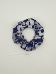 S1044 - Navy Blue with White Flower Print Handmade Fabric Hair Scrunchies