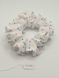 S1066 - White with Multicolour Dot Print Handmade Fabric Hair Scrunchies