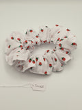 S1068 - White with Tiny Strawberry Print Handmade Fabric Hair Scrunchies