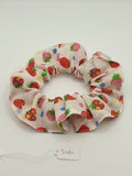 S1081 - White with Red & Pink Strawberry Print Handmade Fabric Hair Scrunchies