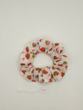 S1081 - White with Red & Pink Strawberry Print Handmade Fabric Hair Scrunchies