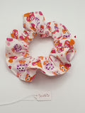 S1083 - White with Pink, Purple & Orange Funny Mushroom Print Handmade Fabric Hair Scrunchies