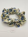 S1092 - Cream with Blue Flower Print Handmade Fabric Hair Scrunchies