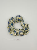 S1092 - Cream with Blue Flower Print Handmade Fabric Hair Scrunchies