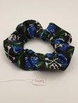 S1093 - Black with Skull Cross Bone & Blue Rose Print Handmade Fabric Hair Scrunchies