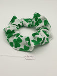 S1094 - St Patrick's Day White with Green Shamrock Print Handmade Fabric Hair Scrunchies