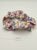 S1109 - Cream with Purple & Blue Flower Print Handmade Fabric Hair Scrunchies