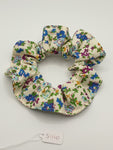 S1110 - Cream with Blue Flower Print Handmade Fabric Hair Scrunchies