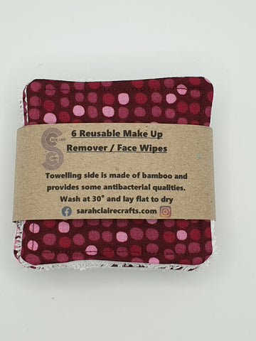 Set of 6 Wine Colour with Pink & Cerise Spot Print Handmade Reusable Make Up Remover Pads
