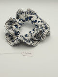 S1198 - White with Blue Flower Stripe Print Handmade Fabric Hair Scrunchies