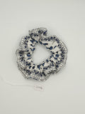 S1198 - White with Blue Flower Stripe Print Handmade Fabric Hair Scrunchies