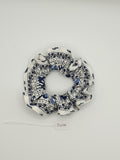 S1199 - White with Blue Flower Stripe Print Handmade Fabric Hair Scrunchies