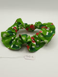 S1212 - Dark Lime Green with Santa Hats & Christmas Stocking Print Handmade Fabric Hair Scrunchies
