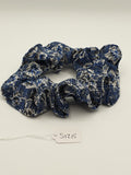 S1215 - Navy Blue Cross Hatch with Flower Sketch Print Handmade Fabric Hair Scrunchies
