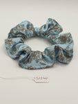 S1240 - Light Blue with Grey Flower Print Handmade Fabric Hair Scrunchies