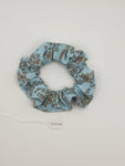 S1240 - Light Blue with Grey Flower Print Handmade Fabric Hair Scrunchies