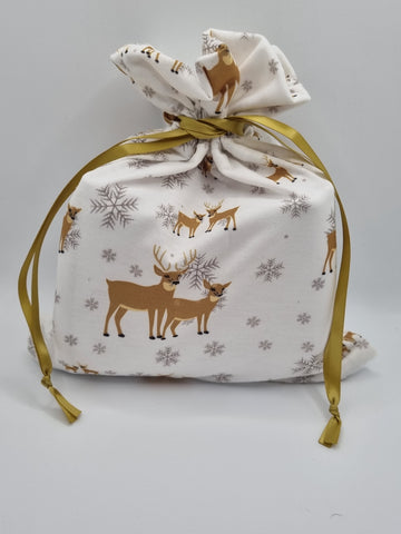 White with Christmas Reindeer & Snowflake Print Handmade Christmas Fabric Drawstring Gift Bag / Sack