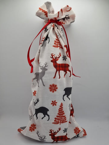 White with Red & Grey Christmas Stag / Reindeer Print Handmade Christmas Fabric Drawstring Gift Bag / Sack