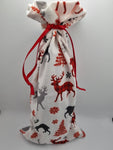 White with Red & Grey Christmas Stag / Reindeer Print Handmade Christmas Fabric Drawstring Gift Bag / Sack