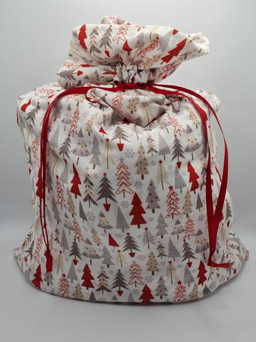 White with Grey & Red Christmas Tree Handmade Christmas Fabric Drawstring Gift Bag / Sack