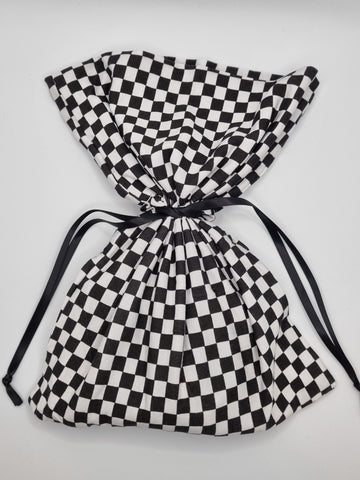 Black & White Checkerboard Chess / Checkers / Racing Print Handmade Fabric Drawstring Gift Bag / Sack